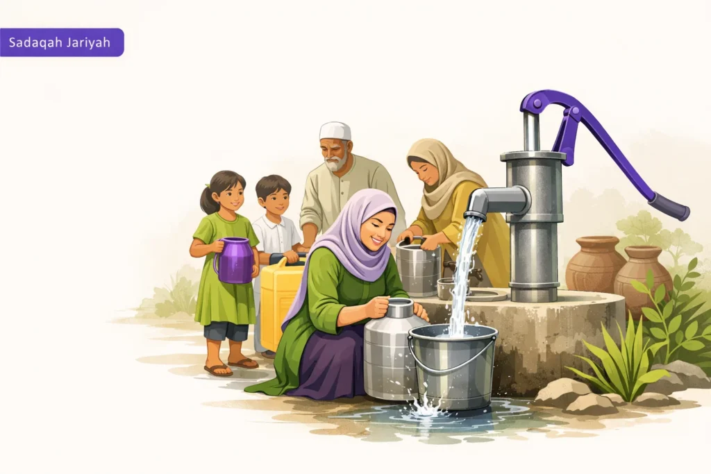 people taking water with happy faces from sadaqah jariyah water well project